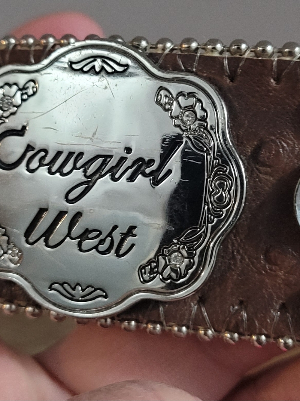 Brown Leather Belt with Silver Buckle and Large  Blingy Rhinestones